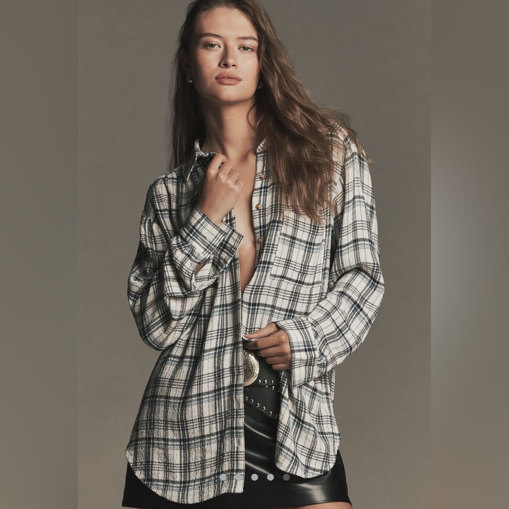 Anthropologie Hadley Relaxed Plaid Button Down Shirt - Size S, Navy NWT